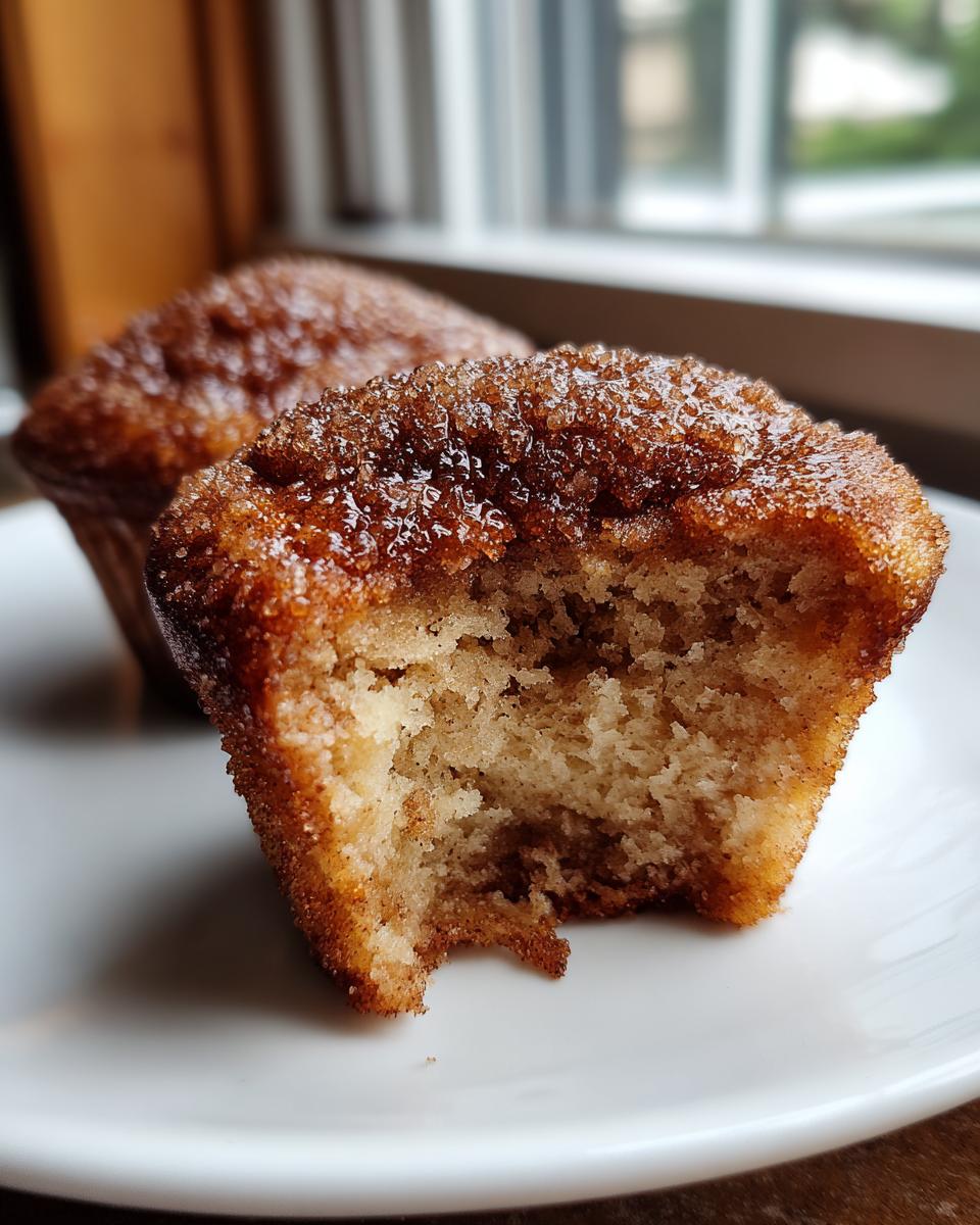 Close-up of a cinnamon sugar french toast muffin with a bite taken out, showing the soft interior.