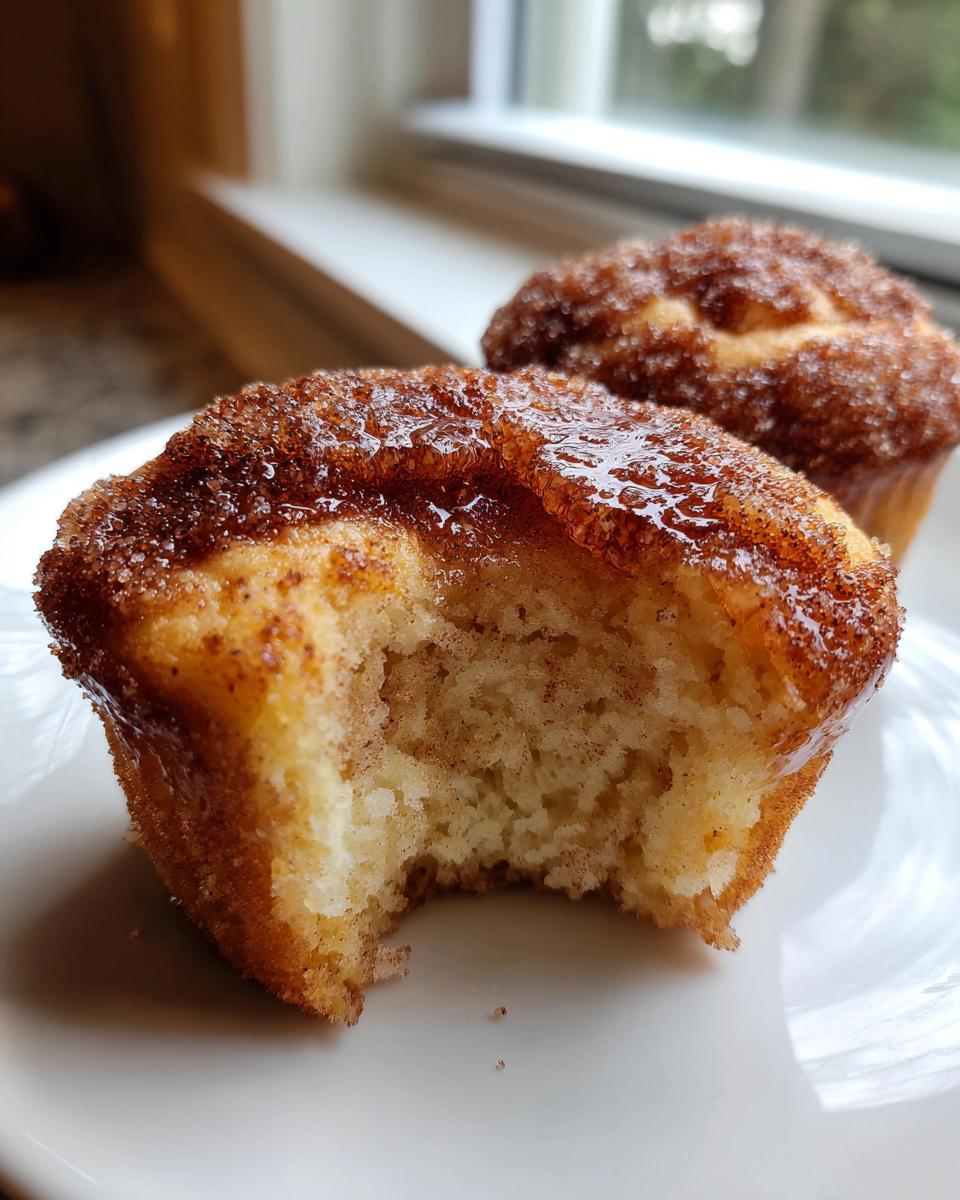 Close-up of a cinnamon sugar french toast muffins with a bite taken out, showing the soft interior.