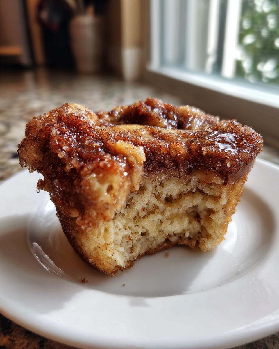 Close-up of a cinnamon sugar french toast muffins with a bite taken out, showing the soft interior.