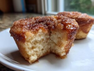 A close-up of a cinnamon sugar french toast muffin cut in half, showing the soft interior and sticky topping.