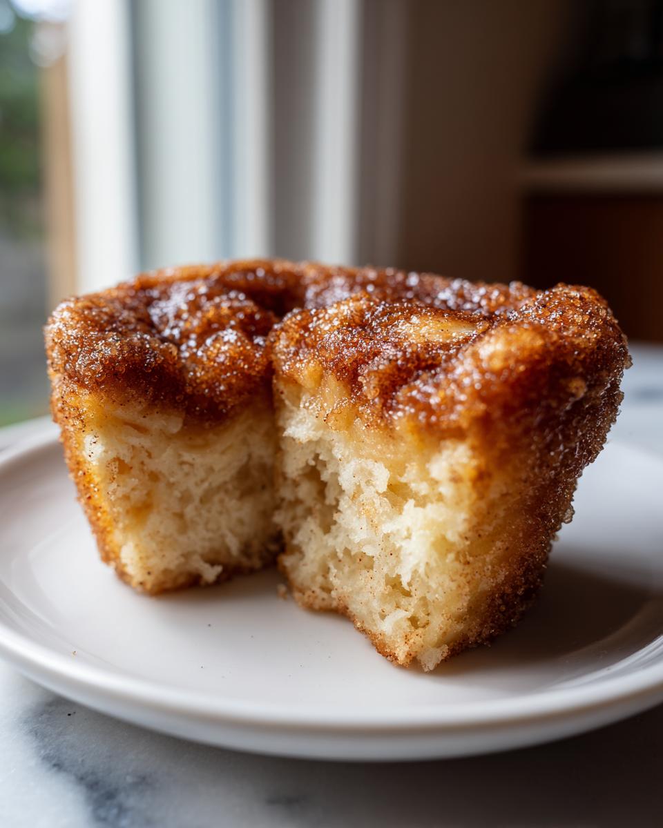 Close-up of a cinnamon sugar french toast muffins torn in half, showing the soft, fluffy interior.