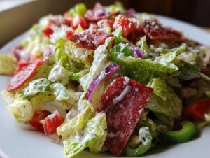 Close-up of a fresh grinder salad featuring crisp lettuce, pepperoni slices, red onion, and creamy dressing.