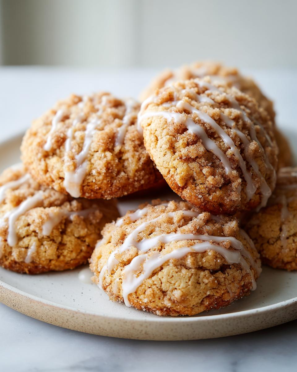 A close-up of several soft coffee cake cookies stacked on a plate, topped with cinnamon streusel and a white glaze drizzle.