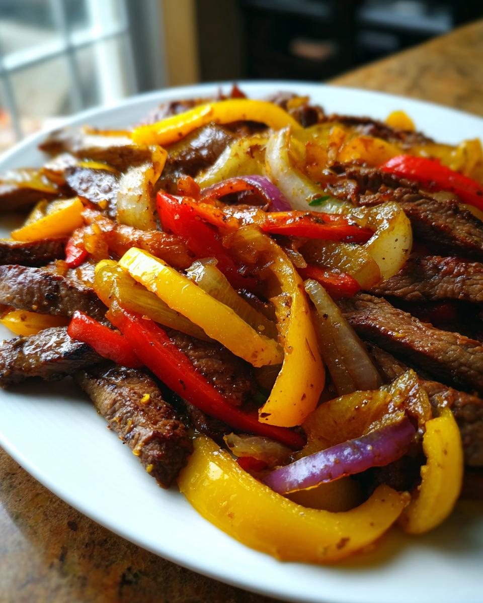 Close-up of sizzling steak fajitas featuring strips of seasoned steak mixed with red, yellow, and purple bell peppers and onions.