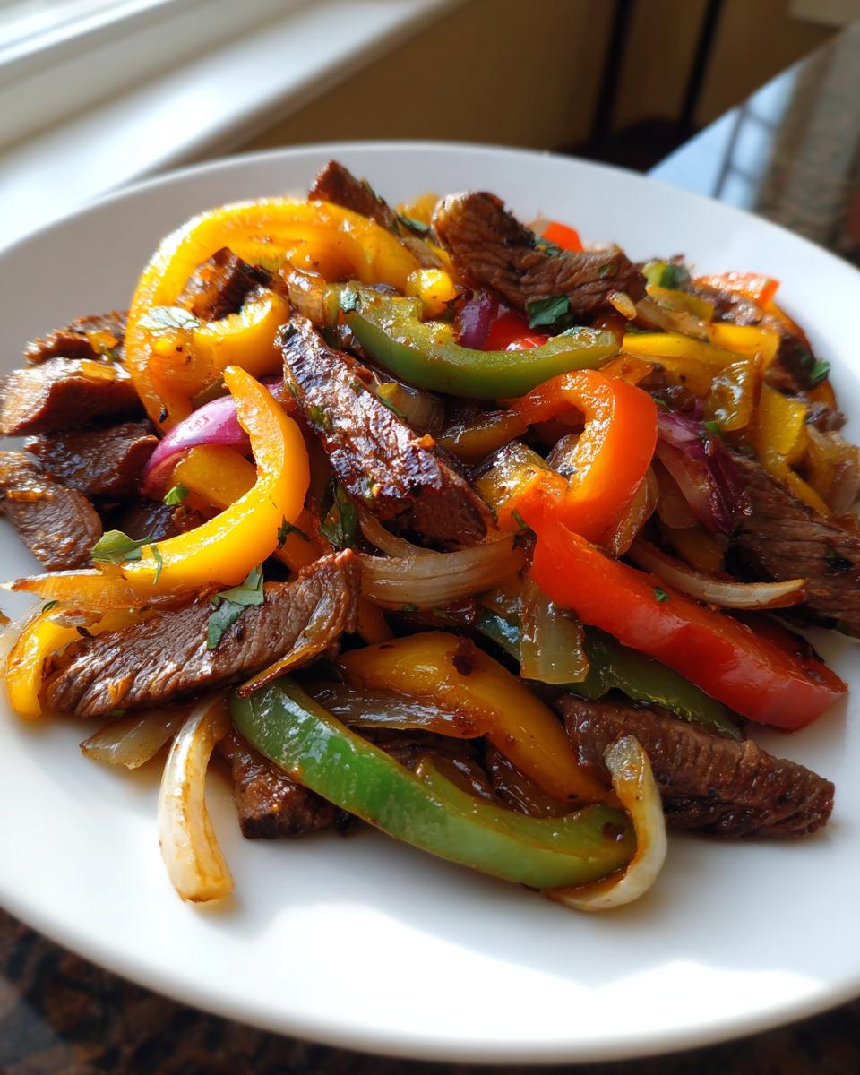 Close-up of perfectly cooked steak fajitas featuring seasoned beef strips, sautéed onions, and colorful bell peppers.