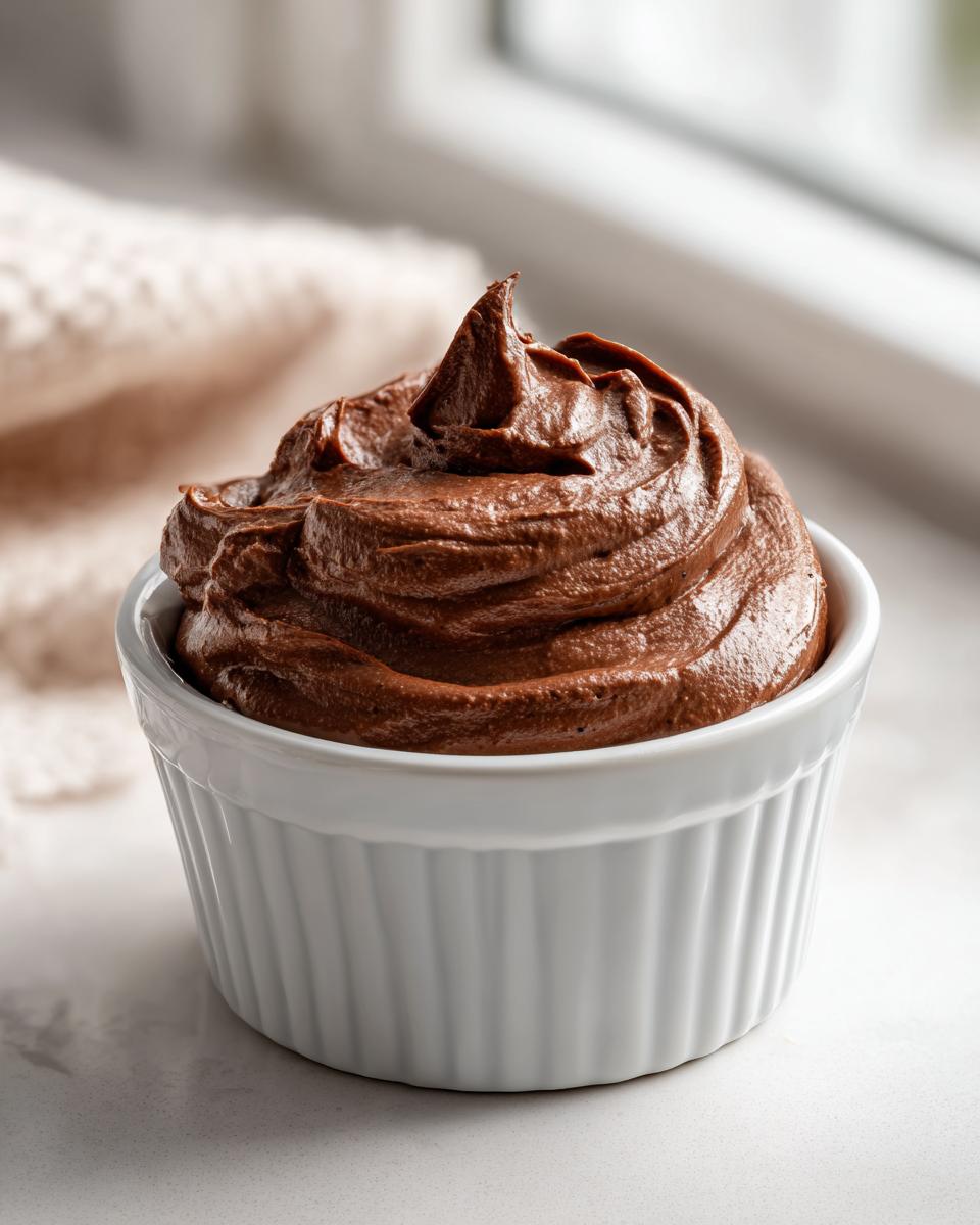 A close-up of rich, piped cottage cheese chocolate mousse served in a white fluted ramekin.