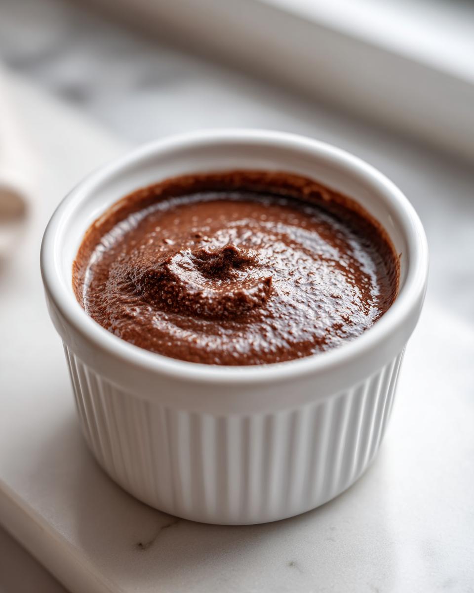 Close-up of rich, dark cottage cheese chocolate mousse served in a white, fluted ramekin.