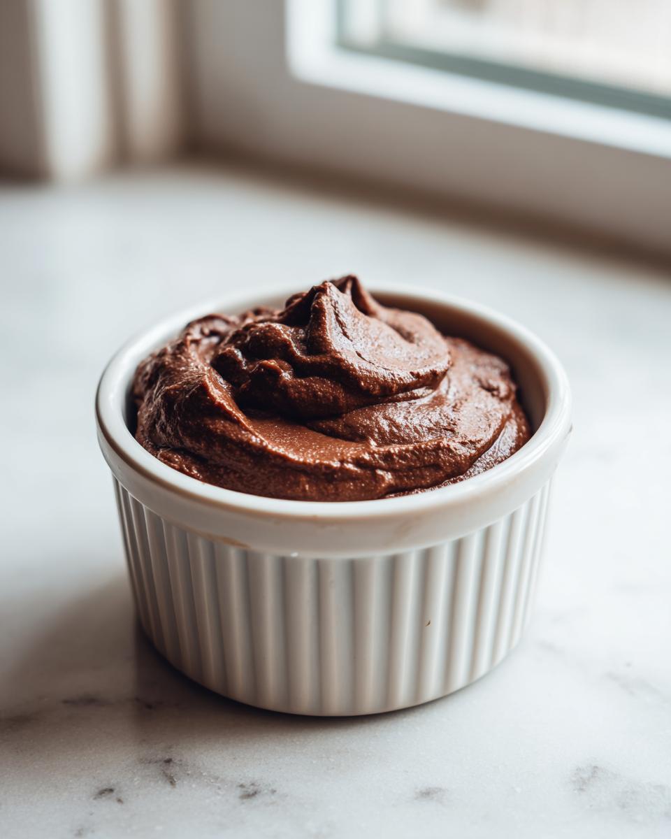 A single serving of rich, dark brown cottage cheese chocolate mousse swirled high in a white fluted ramekin.