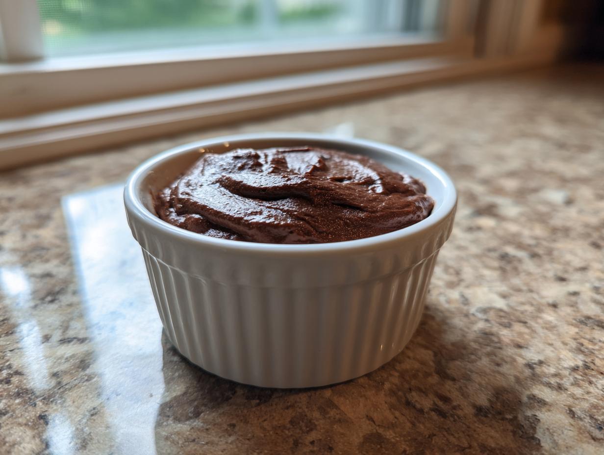 A single serving of rich, dark cottage cheese chocolate mousse in a white ramekin.