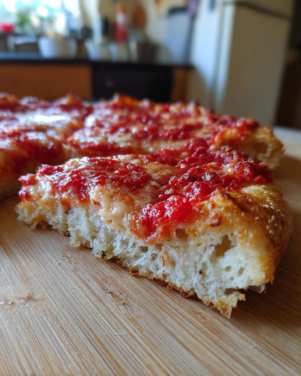 Close-up of a thick slice of pizza showing the airy interior of the cottage cheese pizza crust, topped with sauce and cheese.