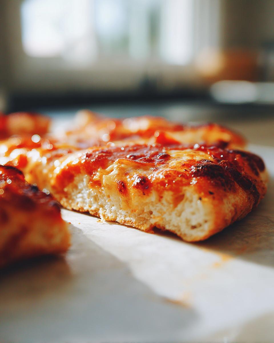 A close-up, low-angle view of a slice of pizza showing the thick, fluffy cottage cheese pizza crust topped with melted cheese and sauce.