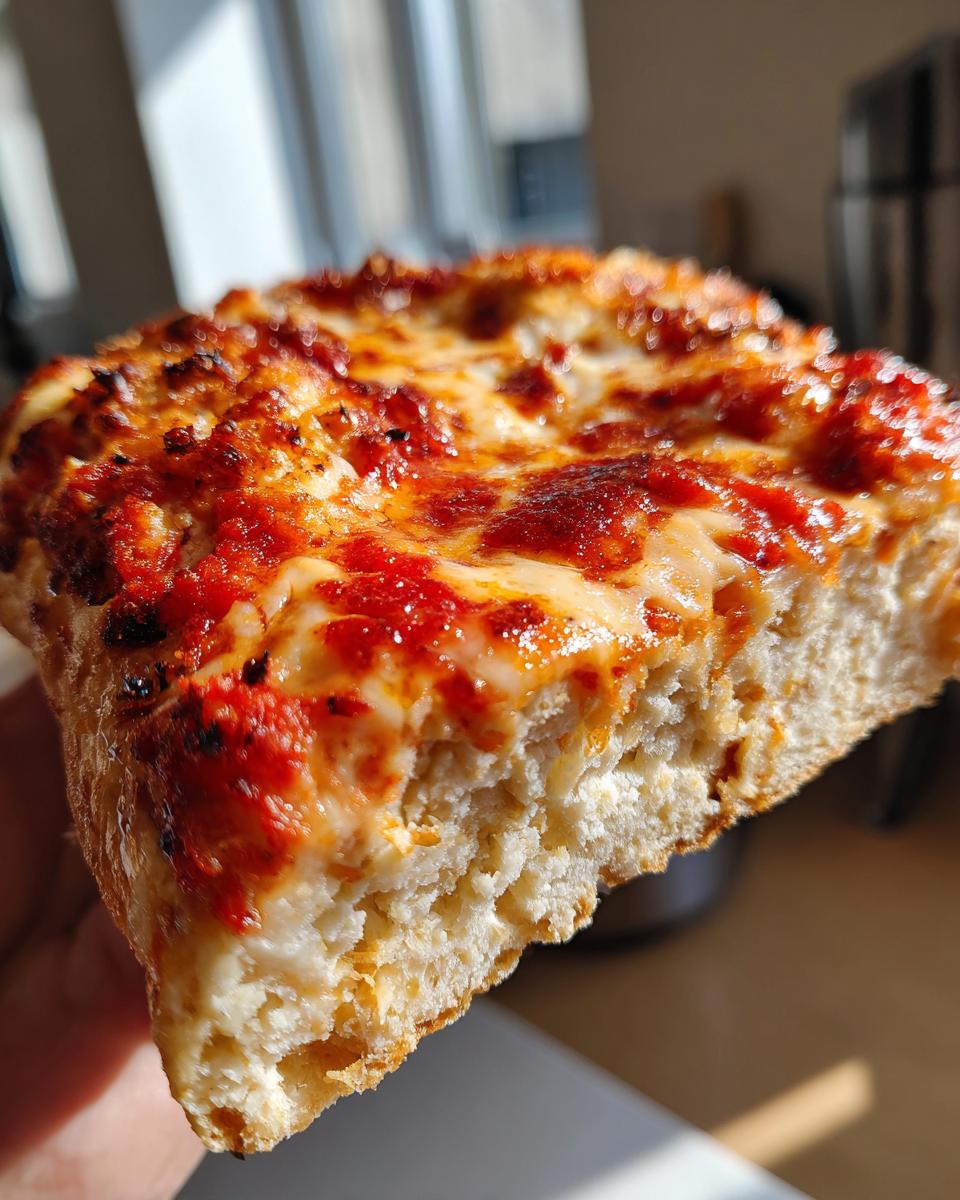 A close-up shot showing the thick, fluffy texture of a slice of cottage cheese pizza crust topped with melted cheese and sauce.