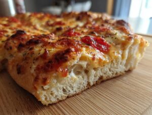 Close-up of a thick, fluffy slice of pizza showing the airy texture of the cottage cheese pizza crust topped with melted cheese and tomato sauce.