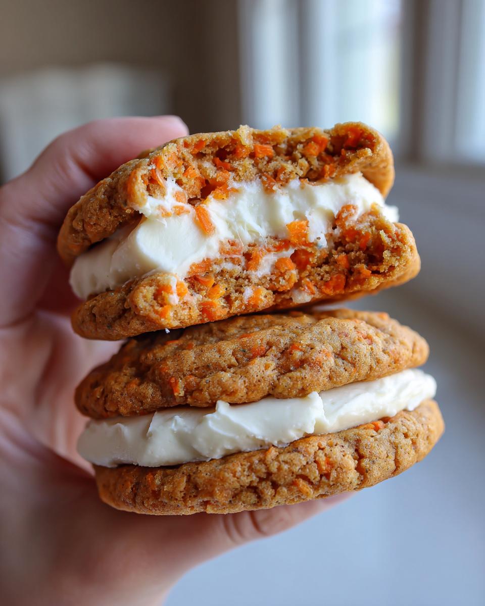 A hand holds two stacked carrot cake cookies sandwiched with thick cream cheese frosting.