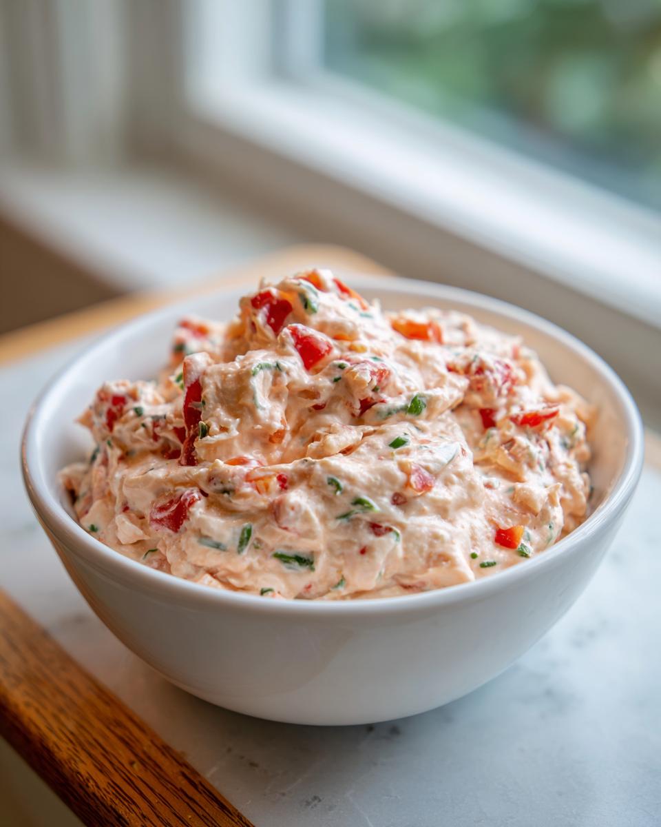 Close-up of creamy, orange-tinted boat dip mixed with red peppers and green herbs in a white bowl.