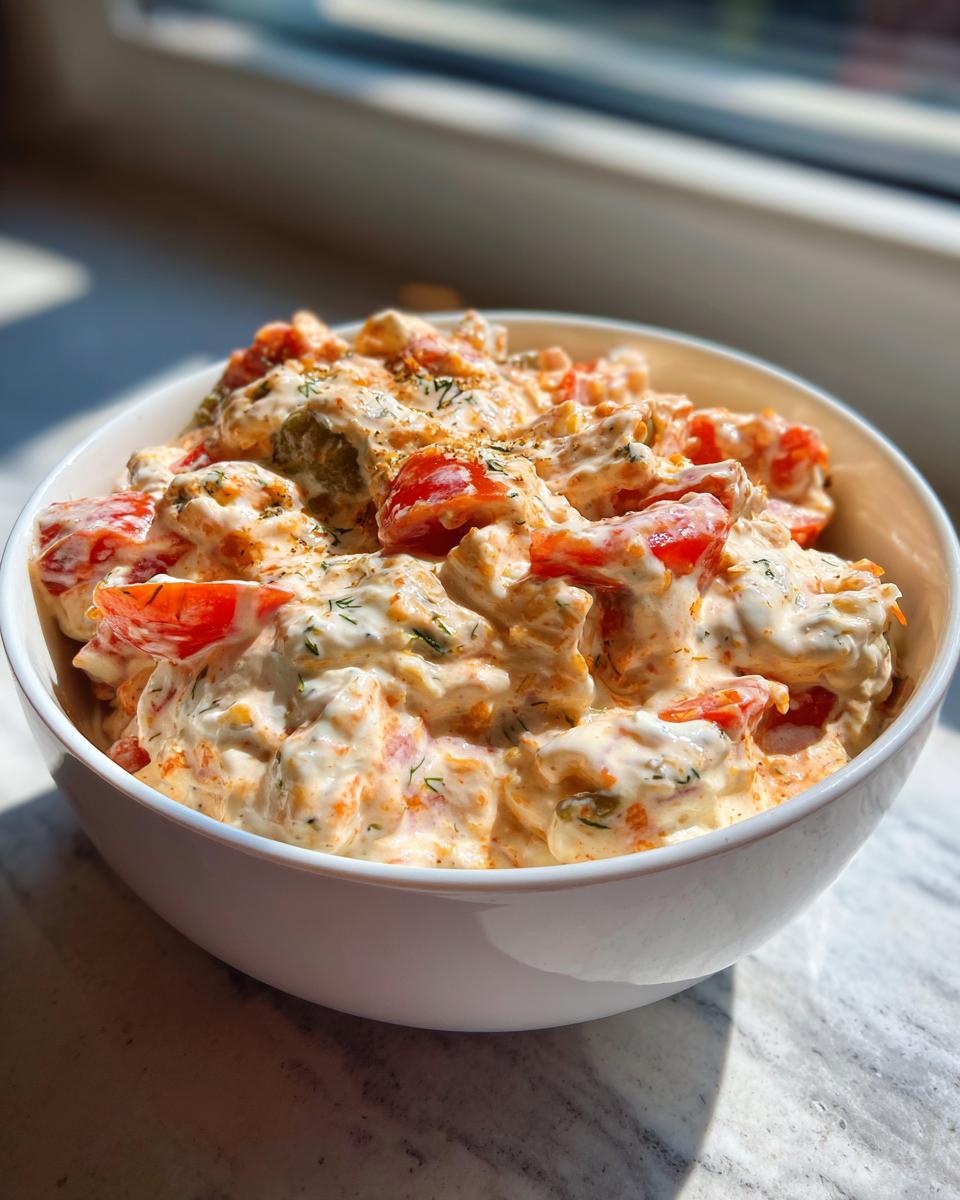 Close-up of a creamy, chunky boat dip with visible red tomatoes and herbs in a white bowl.
