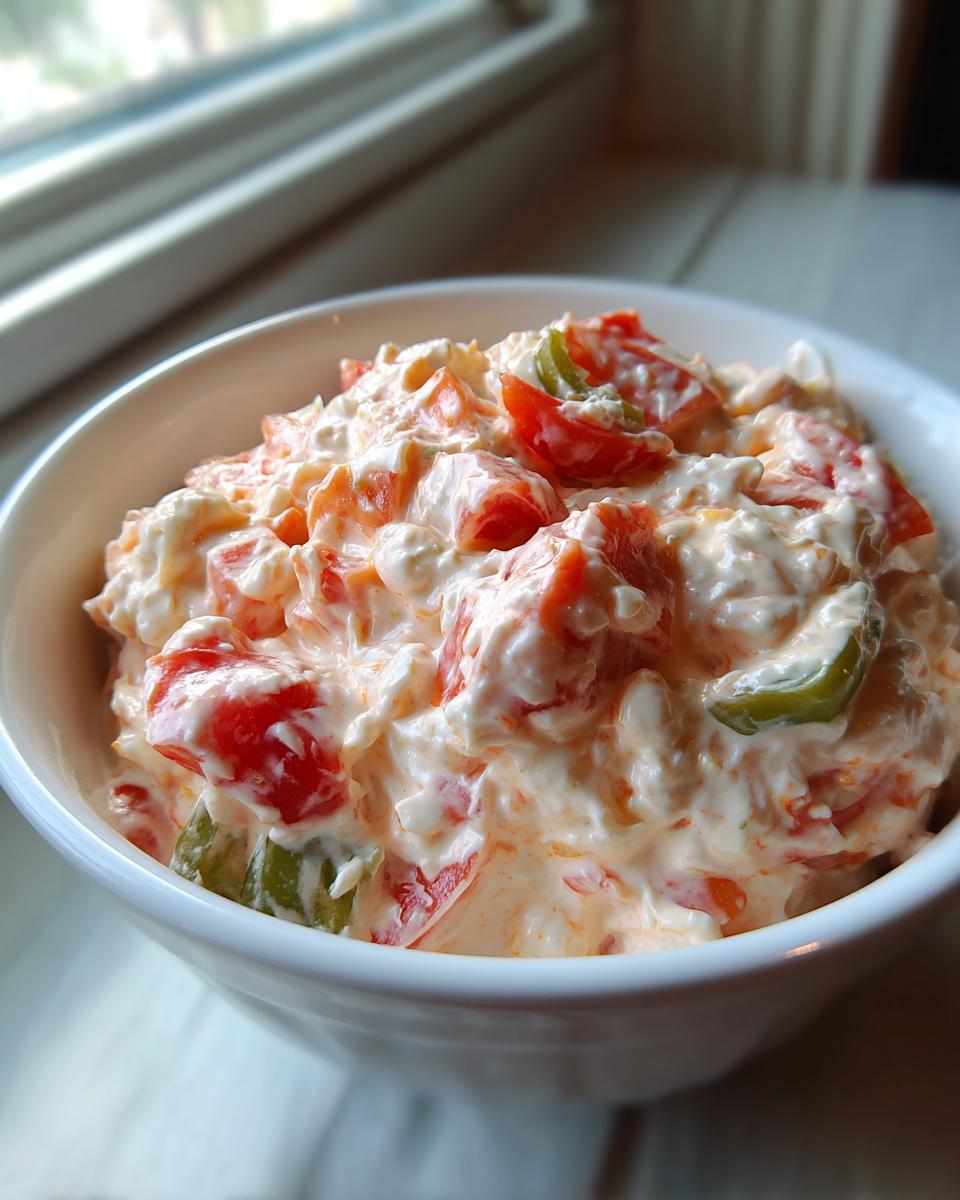 A white bowl filled with creamy, chunky boat dip featuring visible pieces of red tomato and green pepper.