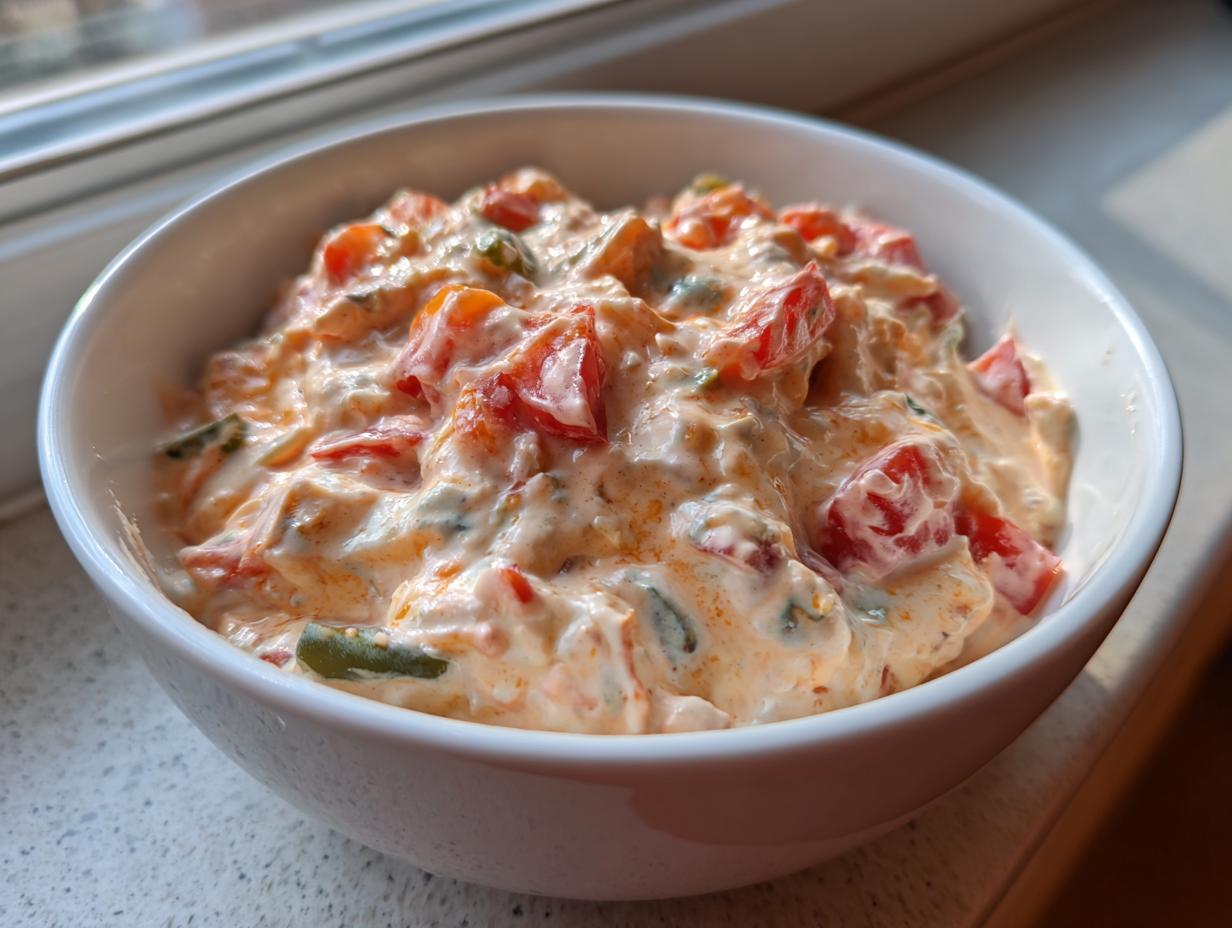 Close-up view of creamy, orange-tinted boat dip mixed with chunks of red tomato and green peppers in a white bowl.