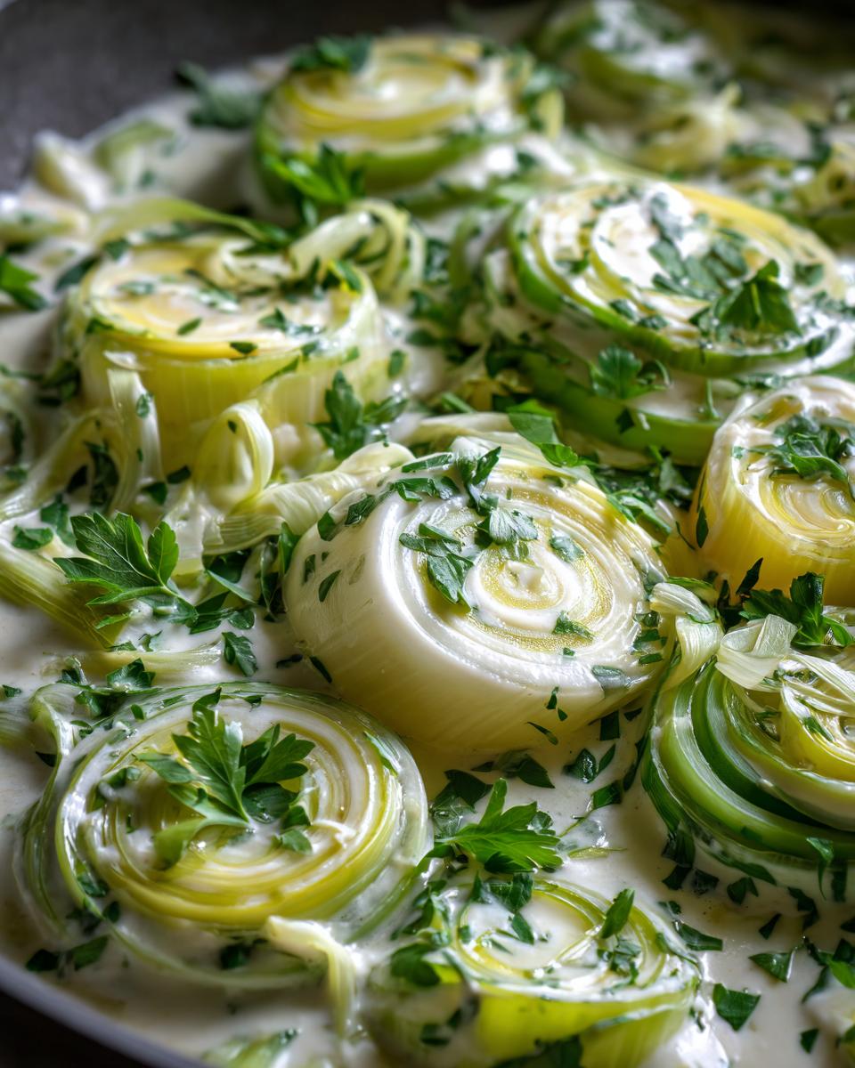 Close-up of thick-cut braised leeks simmering in a creamy white sauce and garnished with fresh parsley.