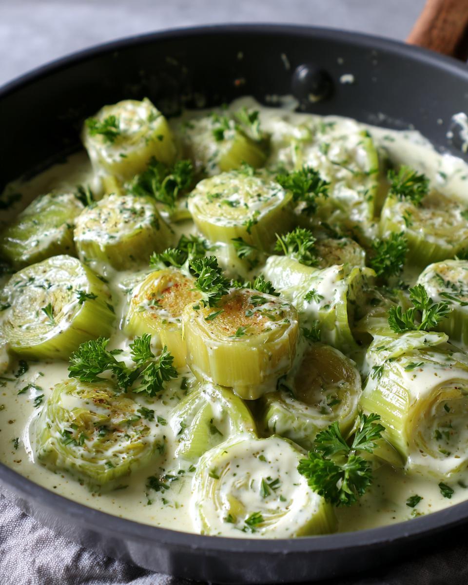 Close-up of thick-cut braised leeks simmering in a creamy white sauce and garnished with fresh parsley.