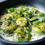 Close-up of thick slices of braised leeks simmering in a creamy white sauce, topped with fresh parsley.