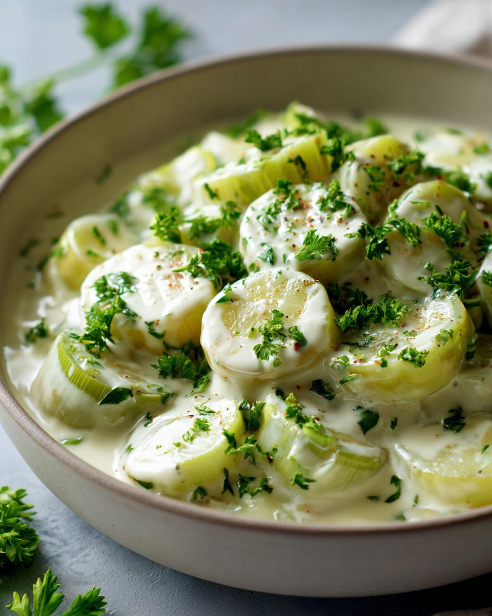 Close-up of creamy braised leeks, sliced and topped with fresh parsley and pepper.