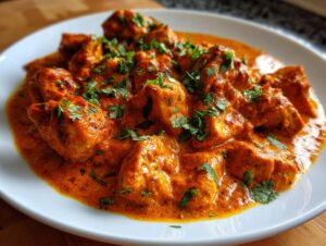 Close-up of tender chicken pieces swimming in a rich, creamy orange sauce, garnished with fresh cilantro for an amazing butter chicken.