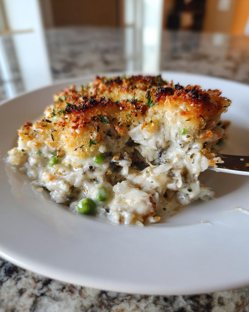 A creamy serving of chicken wild rice casserole with a golden, crunchy topping being lifted by a fork.