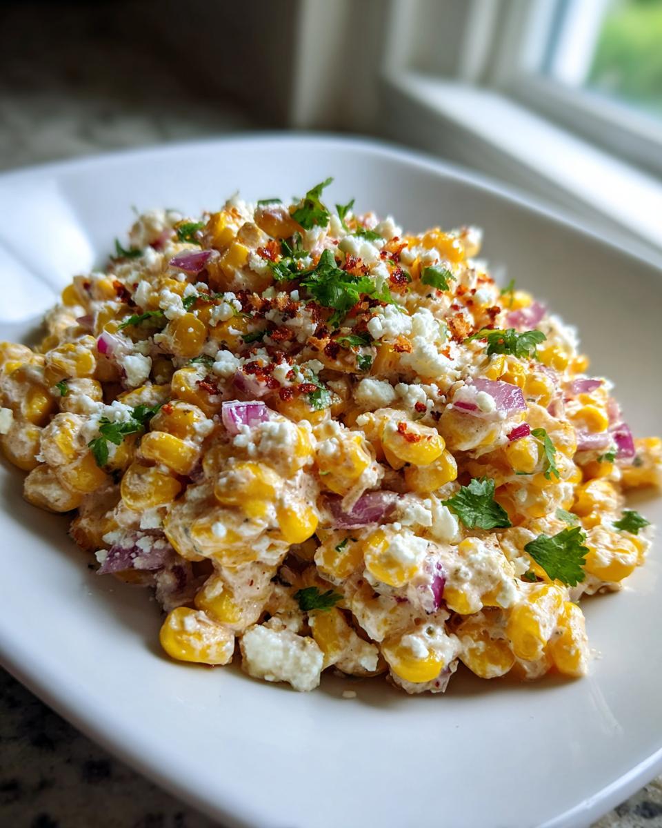 A close-up serving of creamy corn salad mixed with red onion, crumbled white cheese, and topped with cilantro.