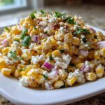 A close-up serving of creamy corn salad mixed with white cheese crumbles, red onion, and cilantro.