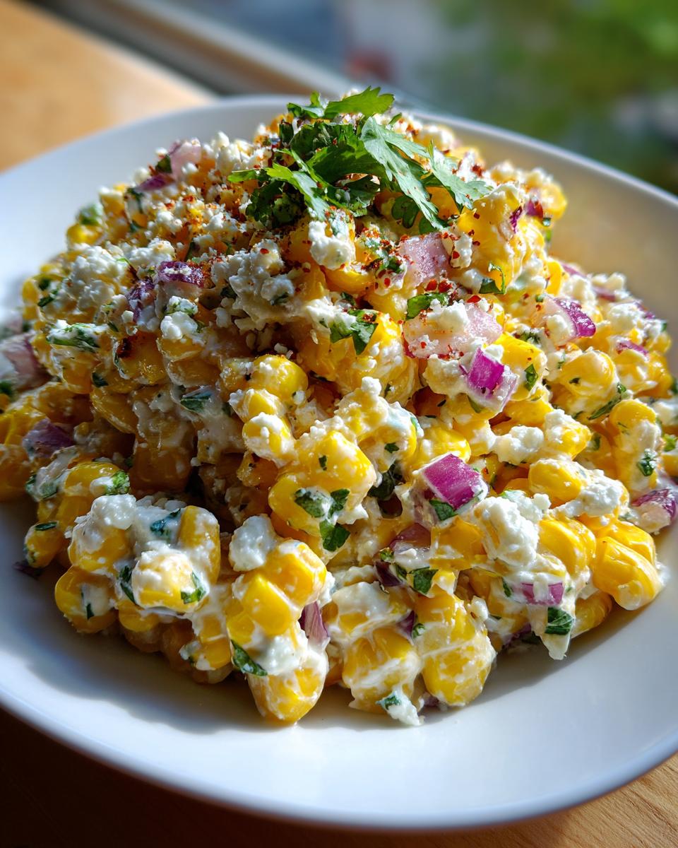 A close-up serving of creamy corn salad mixed with feta cheese, red onion, and topped with fresh cilantro.