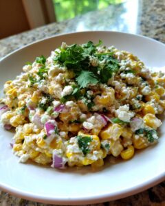 A close-up of a bowl filled with creamy corn salad mixed with red onion, topped with crumbled white cheese and fresh cilantro.
