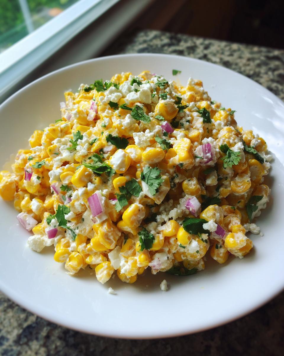 Close-up of a white bowl filled with creamy corn salad mixed with feta cheese, red onion, and fresh cilantro.
