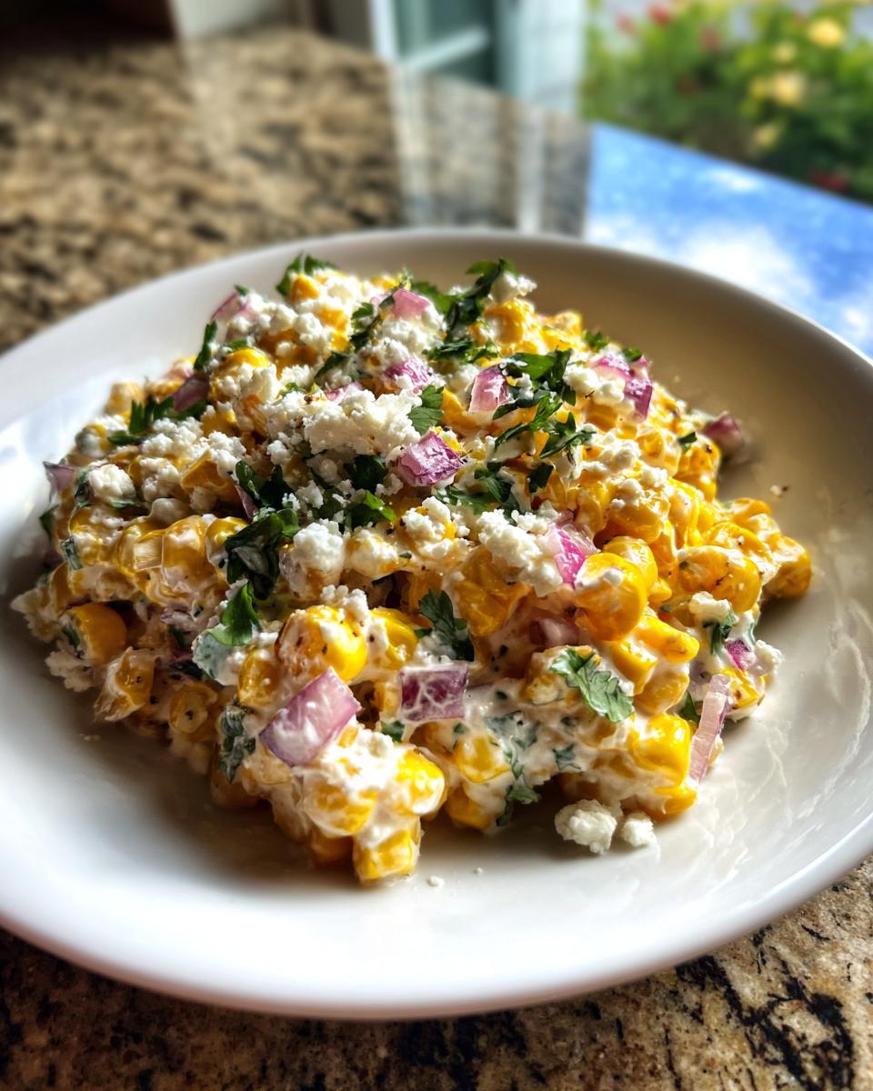 Close-up of a serving of creamy corn salad mixed with red onion, cilantro, and crumbled white cheese.