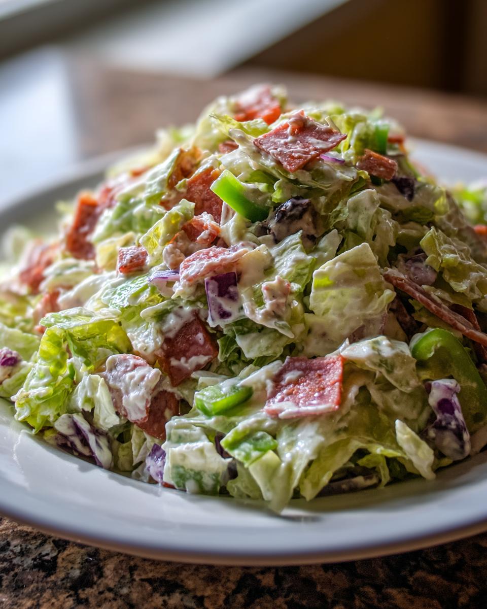 A close-up shot of a hearty grinder salad featuring crisp lettuce, pepperoni, green peppers, and creamy dressing.