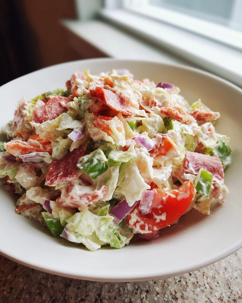 A close-up of a creamy grinder salad featuring chopped lettuce, red onion, tomato, and salami in a white bowl.