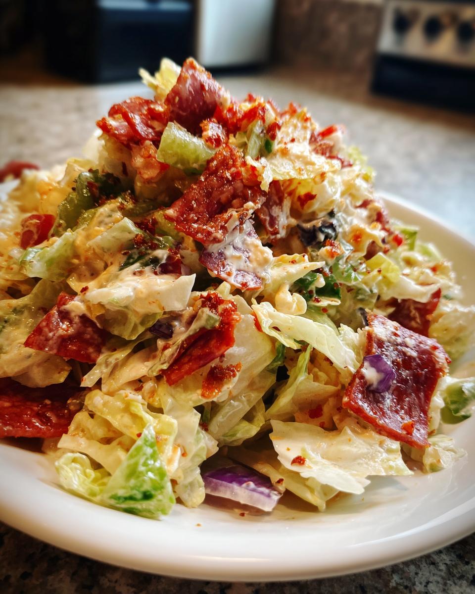 A close-up of a creamy, hearty grinder salad featuring chopped lettuce, red onion, and crispy pepperoni pieces.