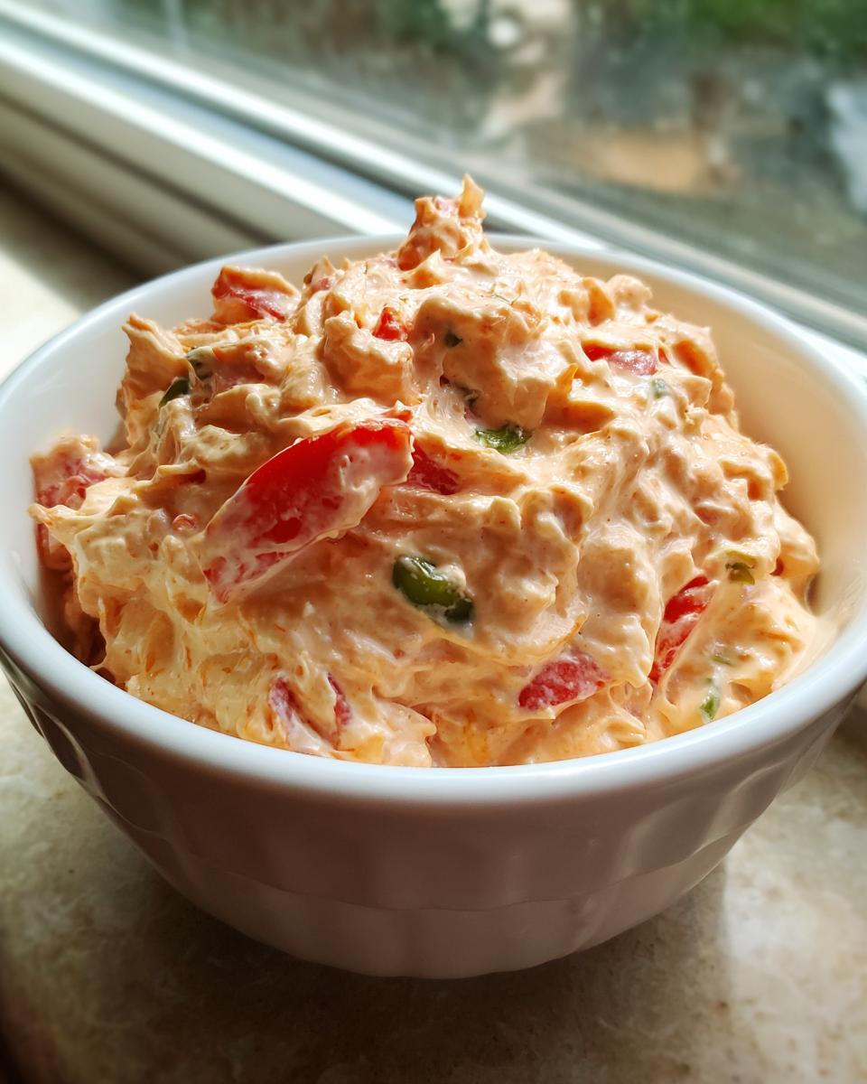 Close-up of creamy orange boat dip mixed with red peppers in a white bowl.
