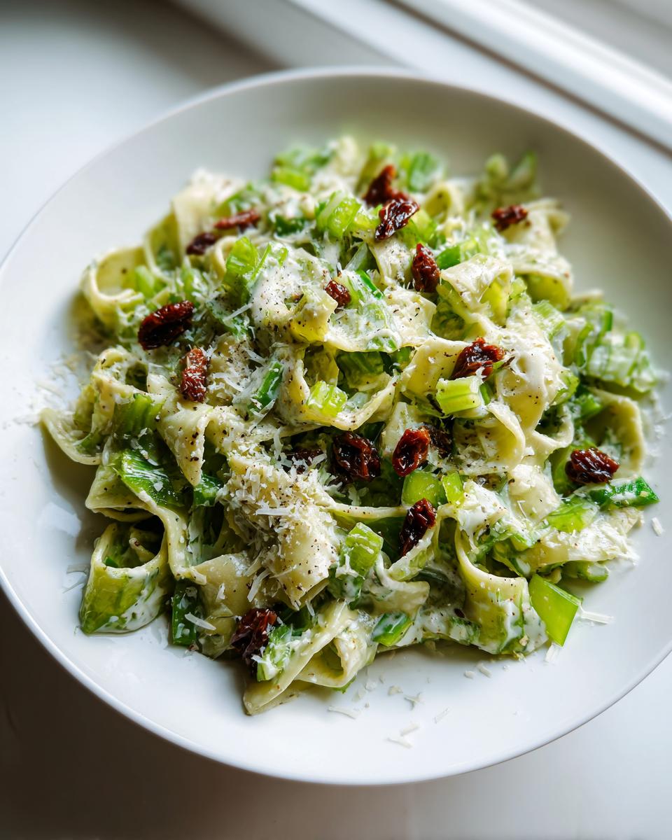 Close-up of pasta tossed in a creamy sauce with chopped celery and sun-dried tomatoes, inspired by celery salad.