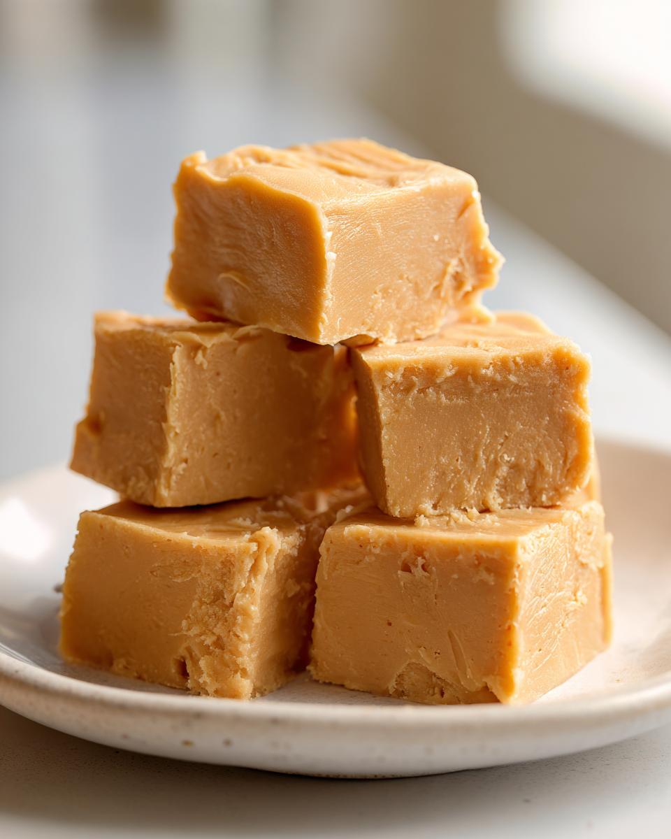 A stack of five creamy, light brown squares of homemade peanut butter fudge recipe on a small white plate.