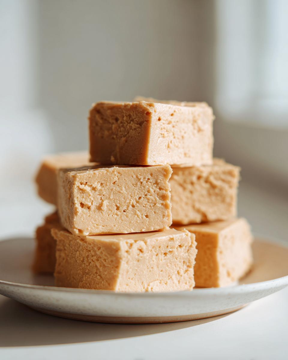 Close-up of several squares of creamy peanut butter fudge recipe stacked on a light ceramic plate.