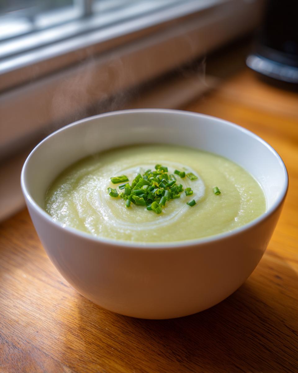 A steaming white bowl of creamy potato leek soup topped with a swirl of cream and fresh chopped chives.