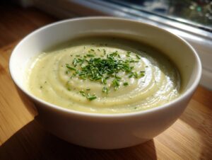 A close-up of a bowl of creamy potato leek soup topped with fresh, bright green chopped chives.