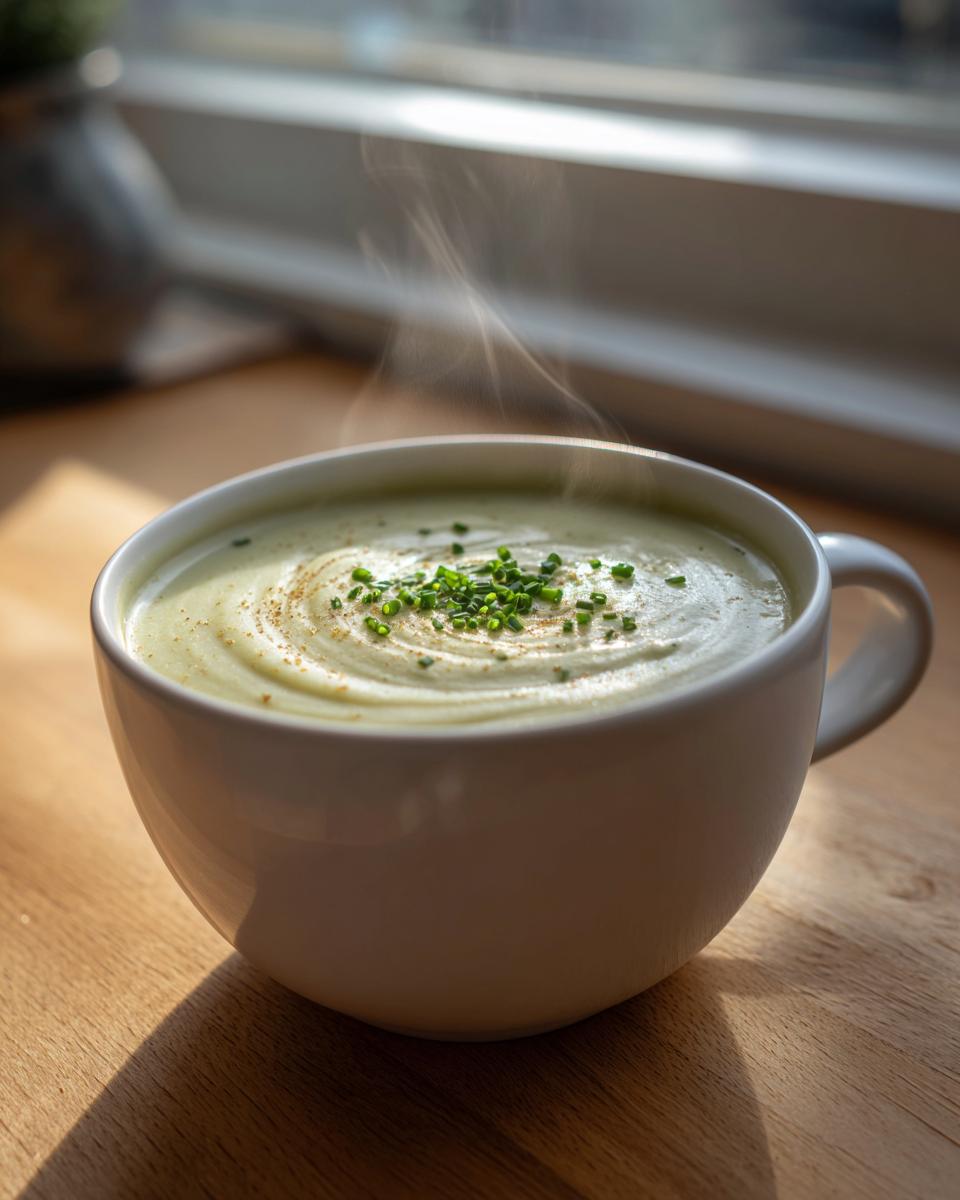 A steaming white mug filled with creamy potato leek soup, garnished with fresh chives.