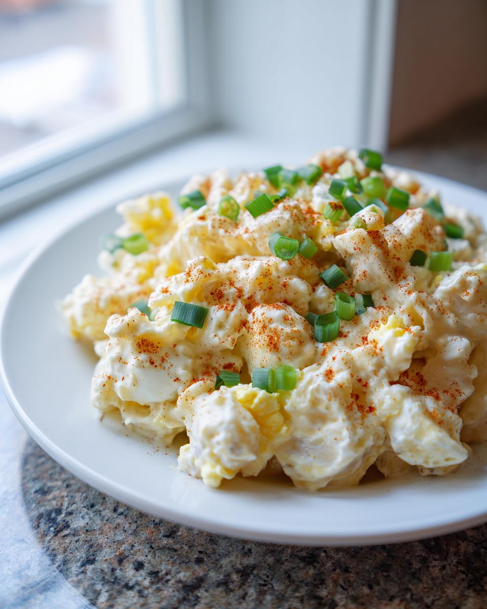 A close-up of creamy potato salad topped with paprika and chopped green onions.