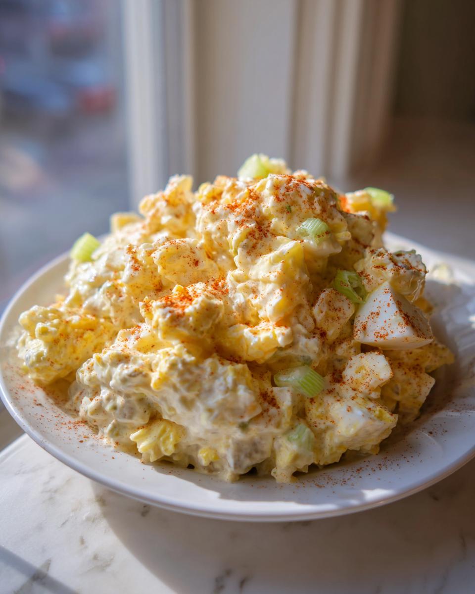 A generous serving of creamy potato salad, featuring chunks of potato, egg, and celery, topped with paprika.