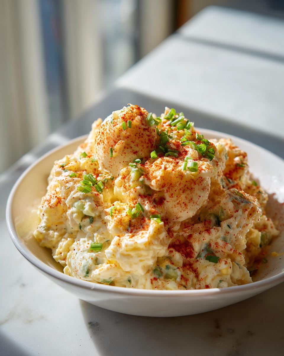 A bowl of creamy potato salad generously topped with bright red paprika and fresh green chives.