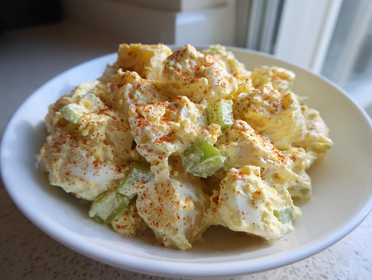 A close-up of creamy potato salad mixed with celery and topped with a dusting of paprika.