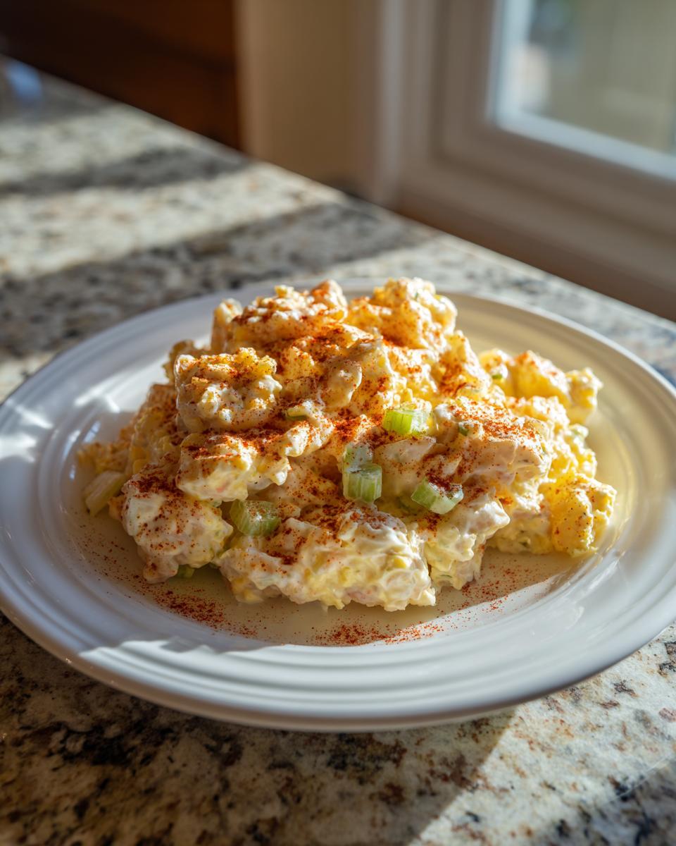 A mound of creamy potato salad topped with paprika and chopped celery on a white plate.