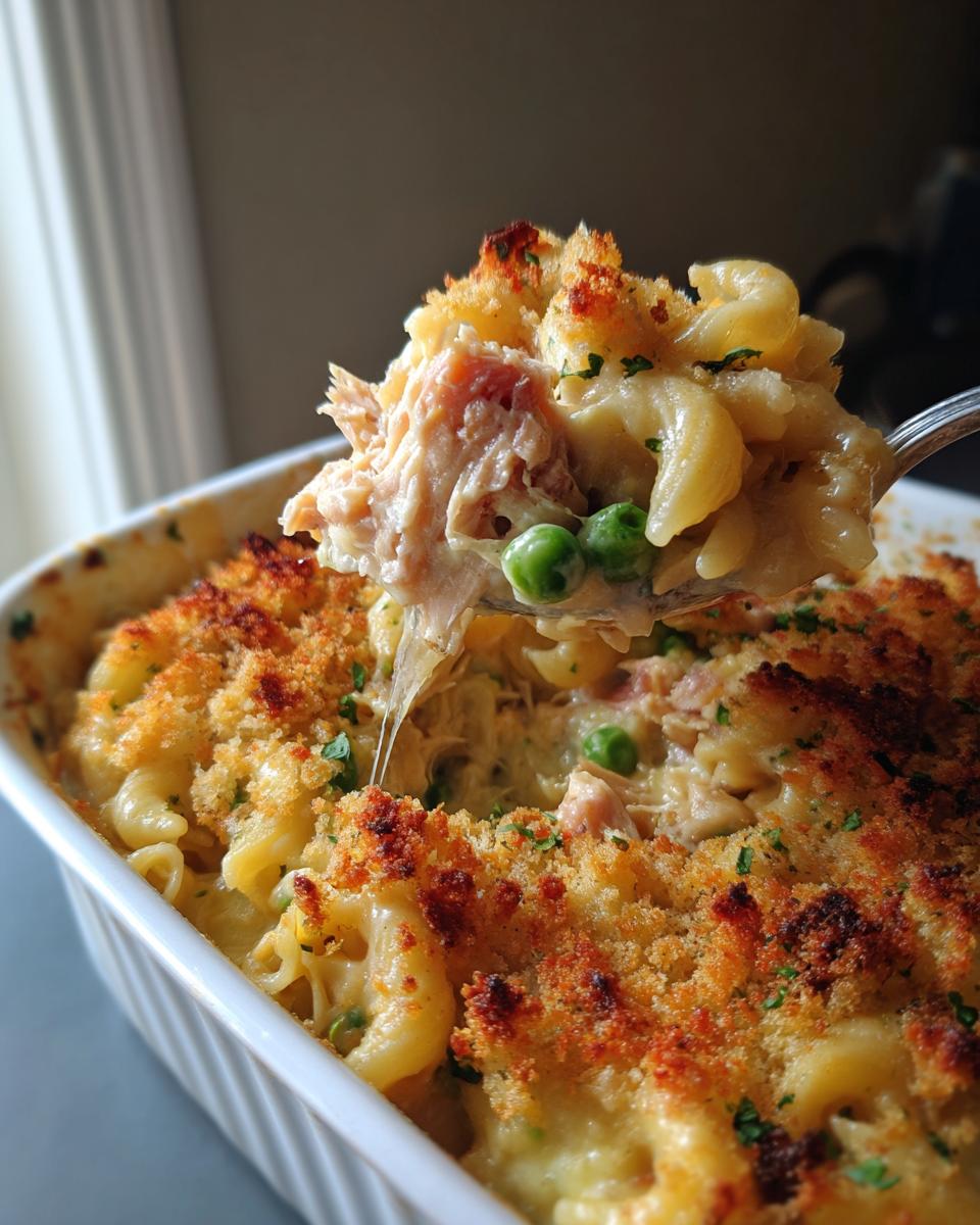 A spoonful of creamy tuna pasta with peas and flaky tuna being lifted from a casserole dish with a crispy topping.